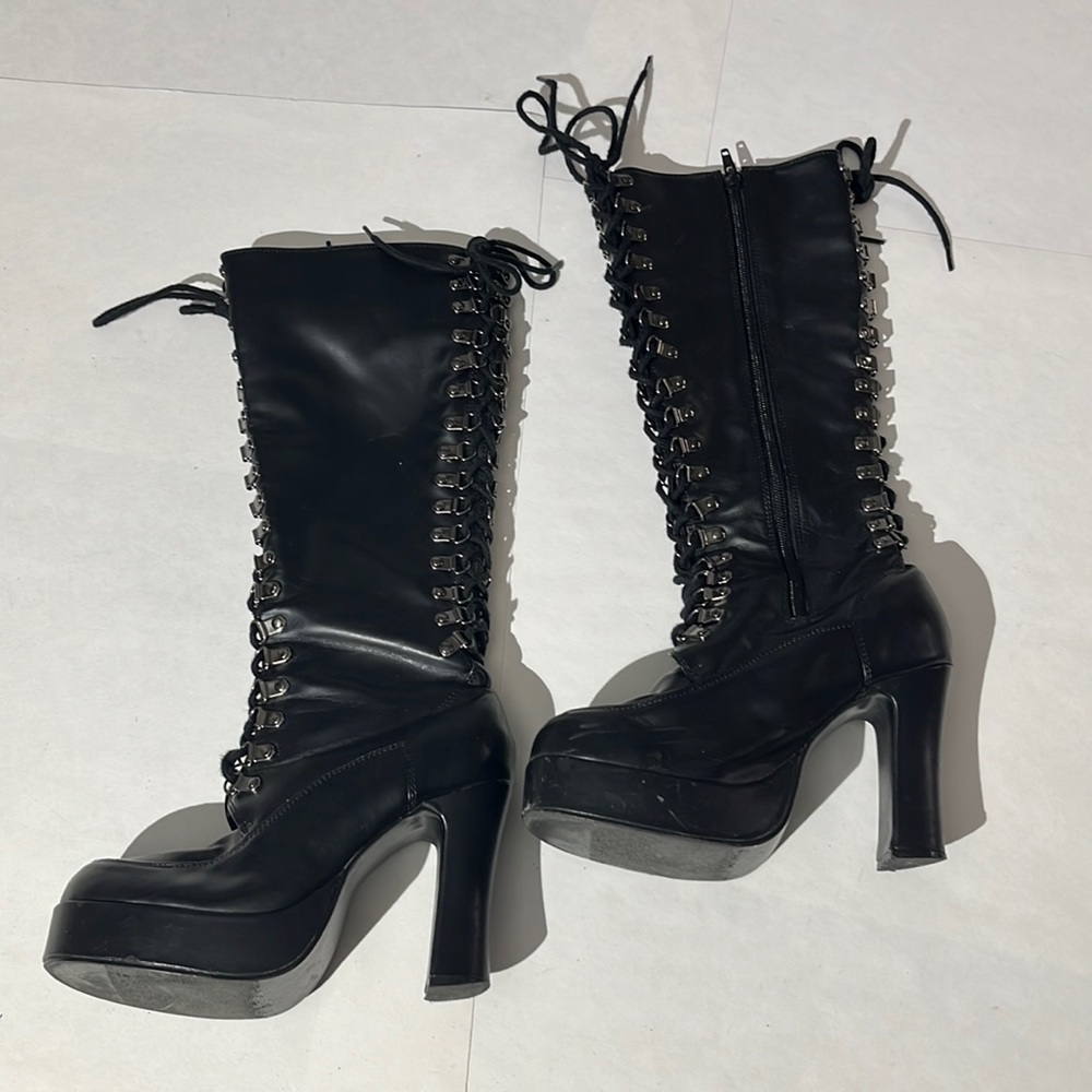 T.U.K. lace-up boots knee high sz 7 black silver goth punk vegan chunky heel